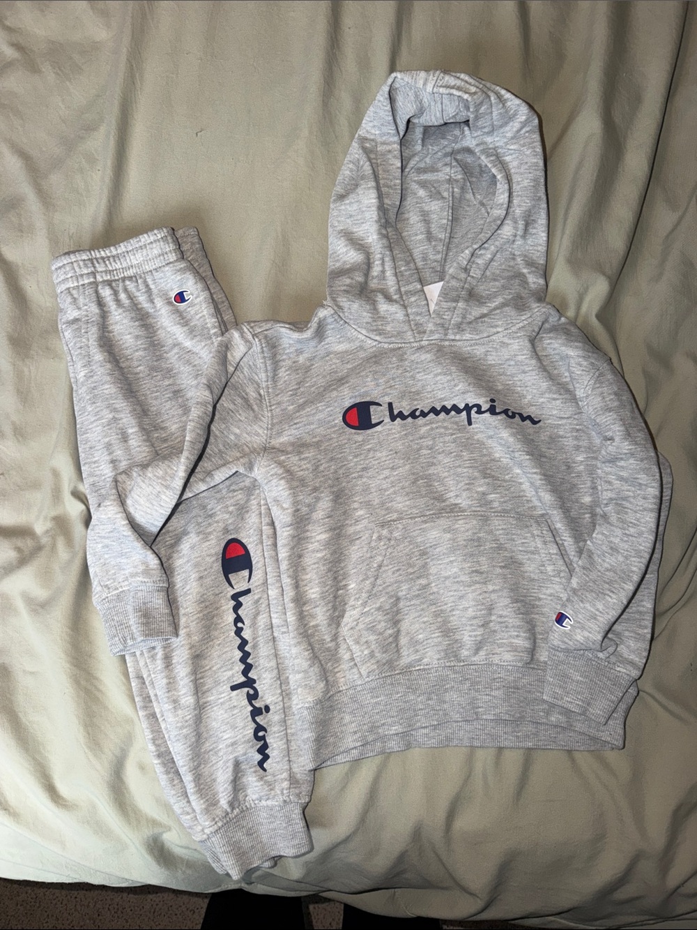 Champion Gray Kids Hoodie & Joggers Set with Navy & Red Logo